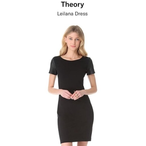 Theory Leilana Black Lamb Leather Panel Trim Short Sleeve Sheath Dress Work 6 - Picture 11 of 11